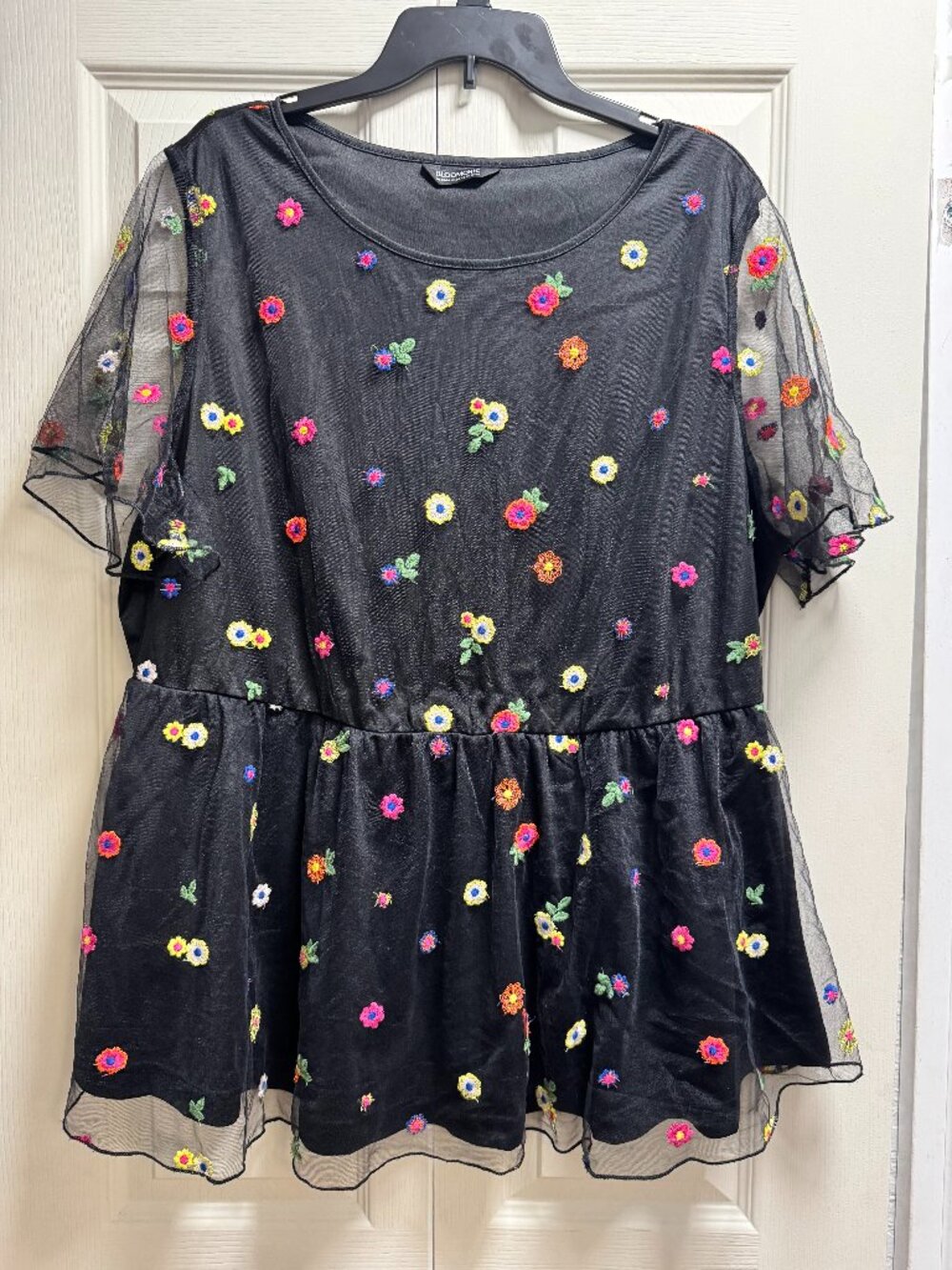 Floral Mesh Embroidery Babydoll Blouse